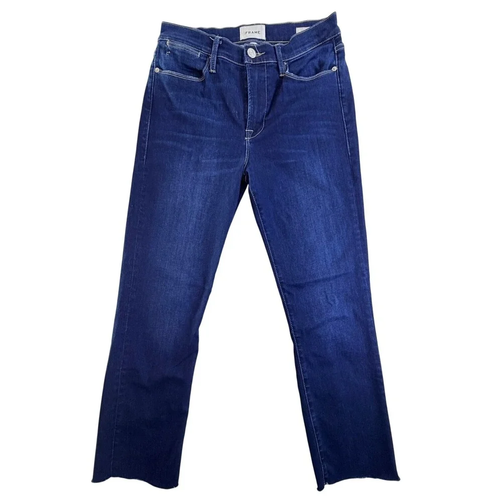 FRAME Le High Straight Jeans Dark Wash Raw Hem Denim Size 30 High Rise Womens‎